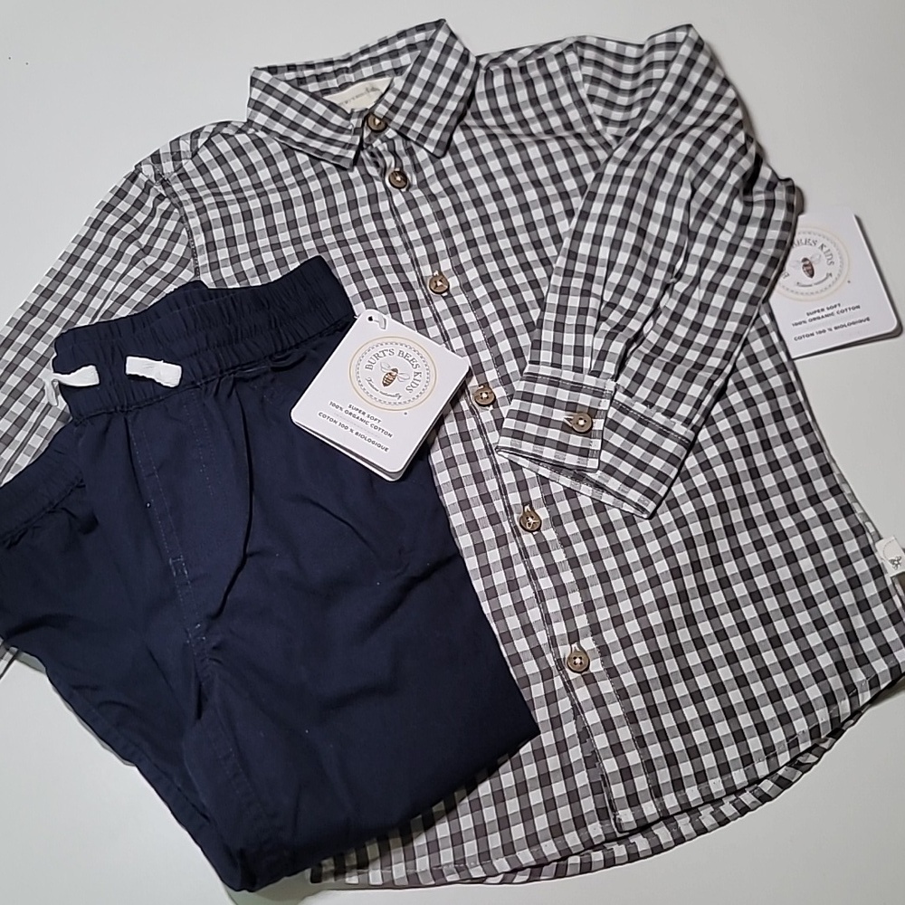 NWT BURTS BEE BABY plaid Button Up Navy Trousers Organic Cotton